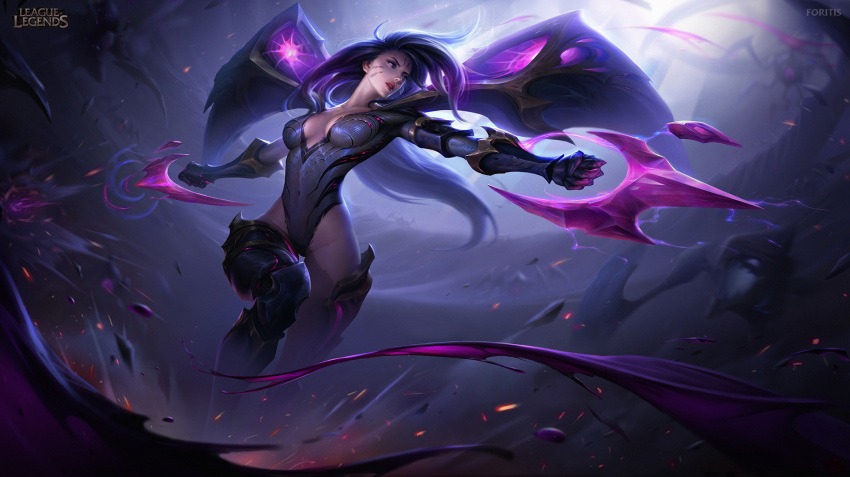 1girl armor artstation_username attack blood blurry blurry_background bodysuit breasts cleavage clenched_hands collarbone covered_navel detached_wings facial_mark facial_tattoo feet_out_of_frame fighting fighting_stance floating_hair forehead_mark forehead_tattoo foritis_wang highres kai'sa league_of_legends light lightning liquid long_hair looking_to_the_side magic medium_breasts monster multicolored_bodysuit multicolored_clothes outdoors outstretched_arms parted_lips plunging_neckline purple_blood purple_bodysuit purple_eyes purple_hair red_lips serious shoulder_armor skin_tight solo tattoo thighs underground weapon whisker_markings wings