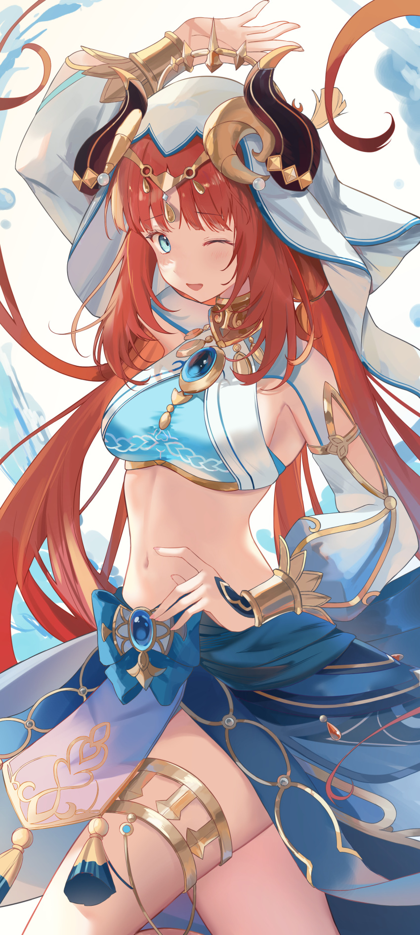 1girl ;d absurdres arm_up blue_eyes blue_skirt breasts brooch commentary cowboy_shot crop_top fake_horns genshin_impact highres horns jewelry large_breasts long_hair long_sleeves looking_at_viewer midriff navel neck_ring nilou_(genshin_impact) one_eye_closed open_mouth red_hair skirt smile solo sora01o standing stomach thighlet thighs veil very_long_hair