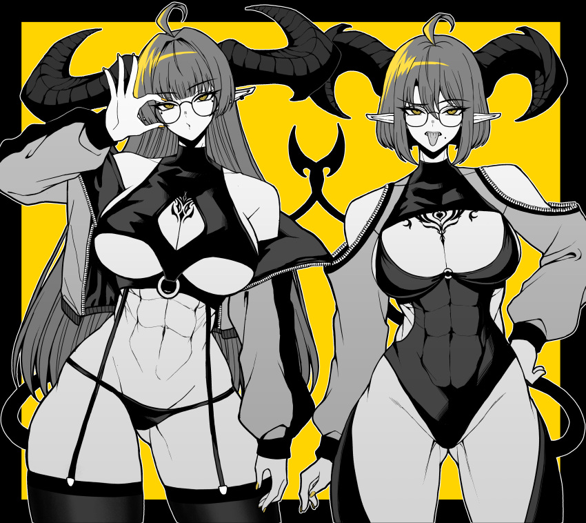 2girls abs absurdres breasts cowboy_shot demon_girl demon_horns glasses hand_on_own_hip highres horns large_breasts leotard long_hair looking_at_viewer multiple_girls navel open_mouth original short_hair thighhighs thighs yellow_background yones81239278