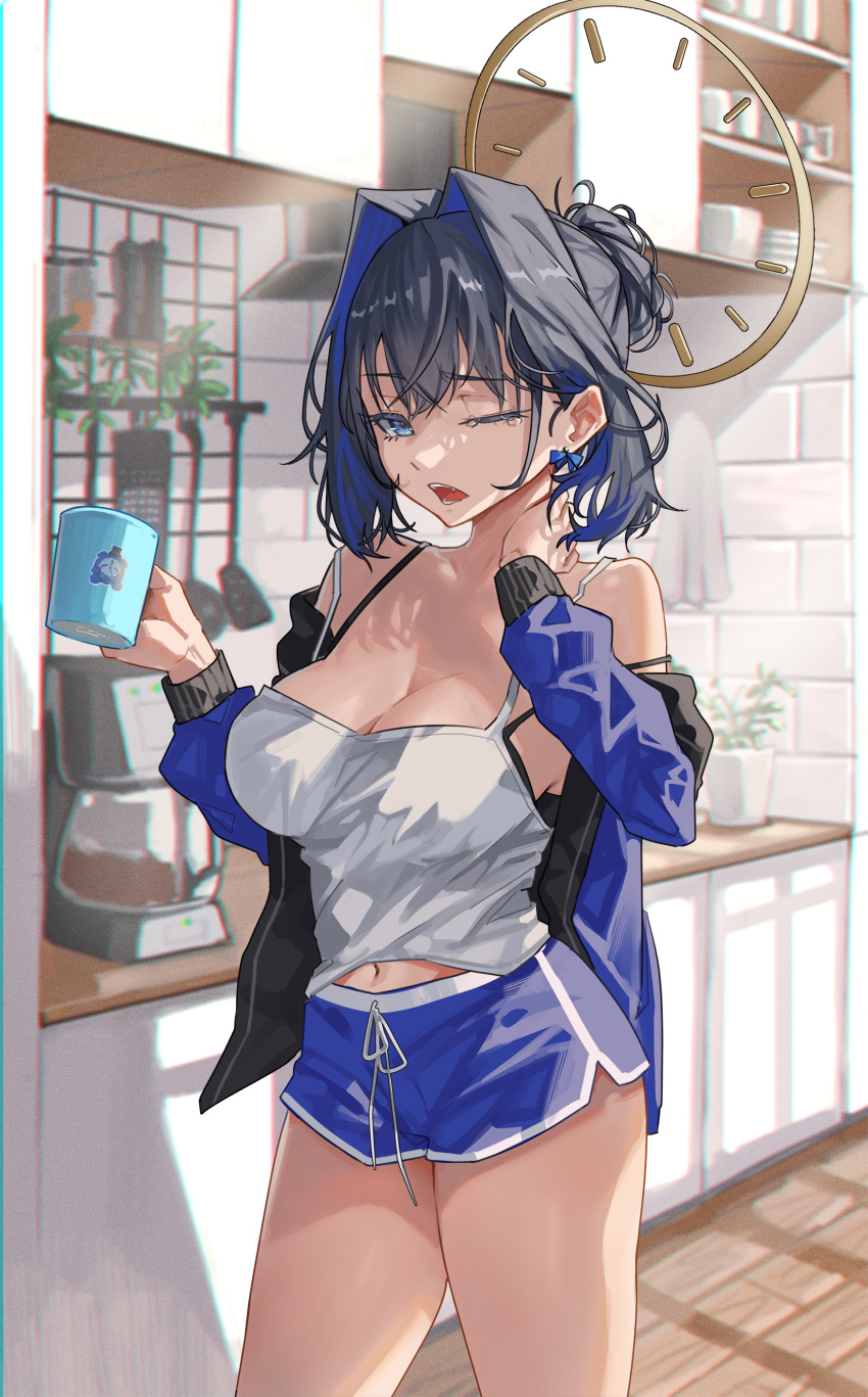 1girl absurdres archinoer blue_eyes blue_hair blue_shorts blurry blurry_background bra bra_peek breasts camisole coffee_maker_(object) cup drawstring halo highres holding holding_cup hololive hololive_english indoors kitchen large_breasts messy_hair mug one_eye_closed ouro_kronii short_hair short_shorts shorts solo standing strap_slip thighs underwear virtual_youtuber waking_up white_camisole yawning