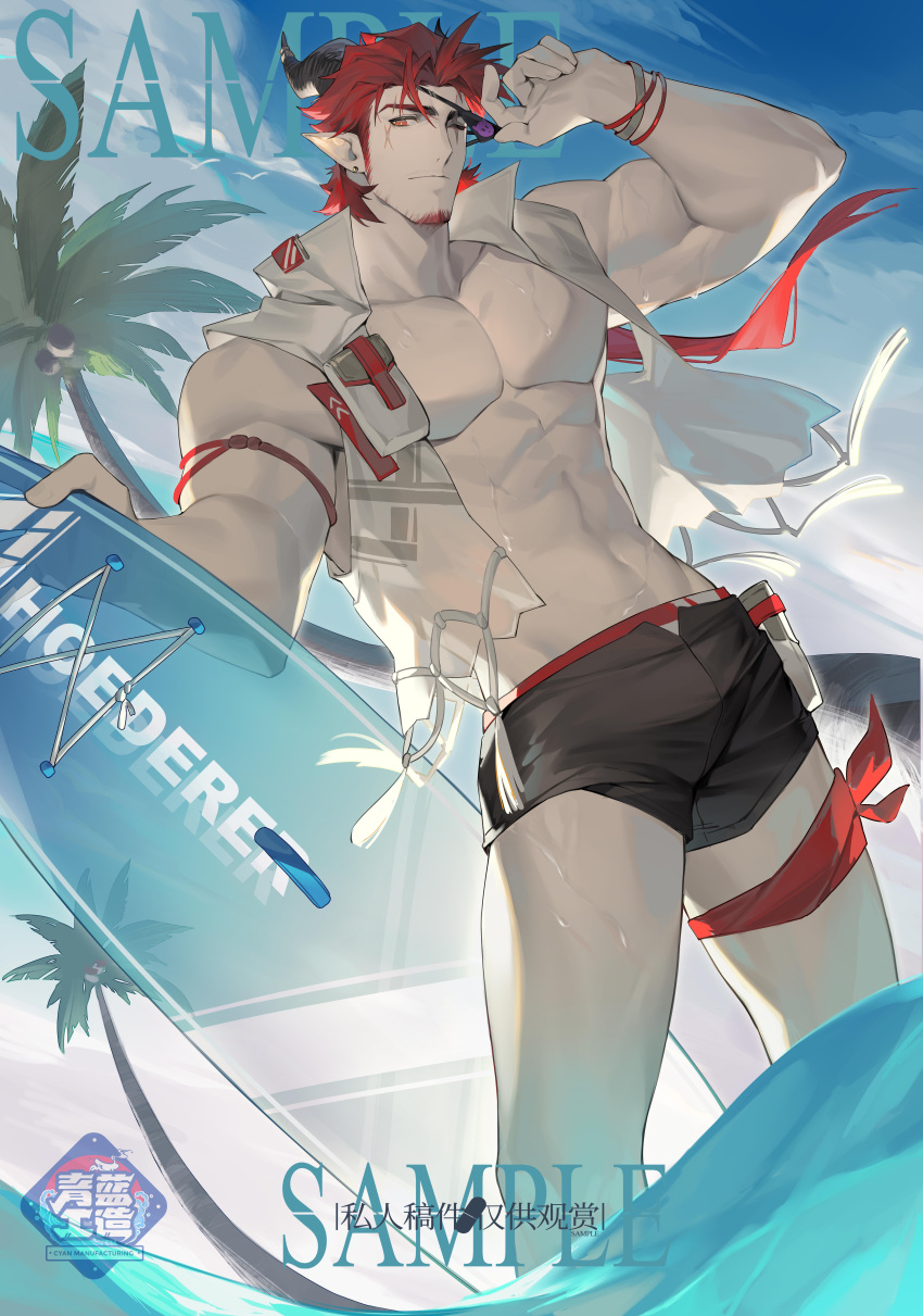 1boy abs absurdres alternate_costume arknights bara black_male_swimwear bulge demon_horns eyepatch facial_hair feet_out_of_frame goatee highres hoederer_(arknights) holding holding_surfboard horns large_pectorals long_hair long_sideburns looking_at_viewer male_focus male_swimwear muscular muscular_male navel open_fly pectorals pointy_ears red_hair shirt sideburns sleeveless sleeveless_shirt sparse_stubble surfboard thick_eyebrows wet wind yaoyaore