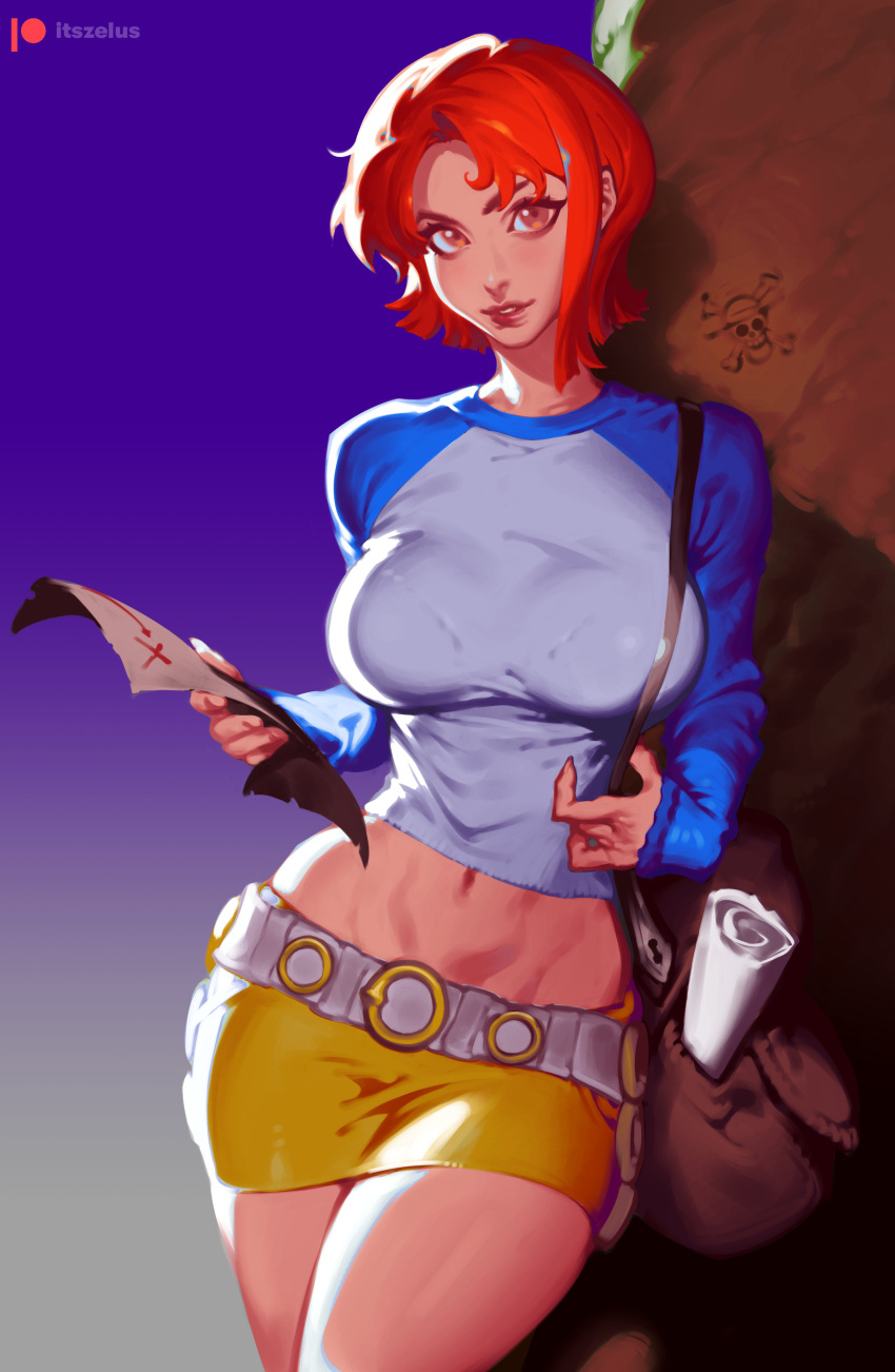 1girl absurdres bag belt blue_shirt bra_visible_through_clothes breasts brown_bag commentary cowboy_shot cropped_shirt gradient_background highres holding holding_map jolly_roger large_breasts lips long_sleeves looking_at_viewer map midriff miniskirt nami_(one_piece) navel one_piece orange_eyes orange_hair parted_lips shirt short_hair shoulder_bag single_sidelock skirt solo thighs two-tone_shirt white_belt white_shirt yellow_skirt zelus