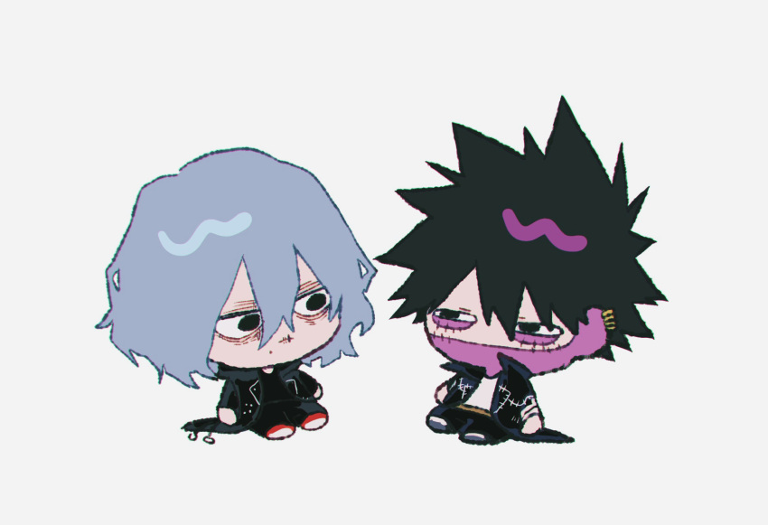 2boys ametaro_(ixxxzu) black_hair black_jacket black_pants black_shirt blue_eyes blue_hair boku_no_hero_academia burn_scar cheek_piercing chibi dabi_(boku_no_hero_academia) highres jacket male_focus medium_hair multiple_boys multiple_scars pants scar scar_on_face shigaraki_tomura shirt short_hair simple_background spiked_hair staple stapled white_background white_shirt wrinkled_skin