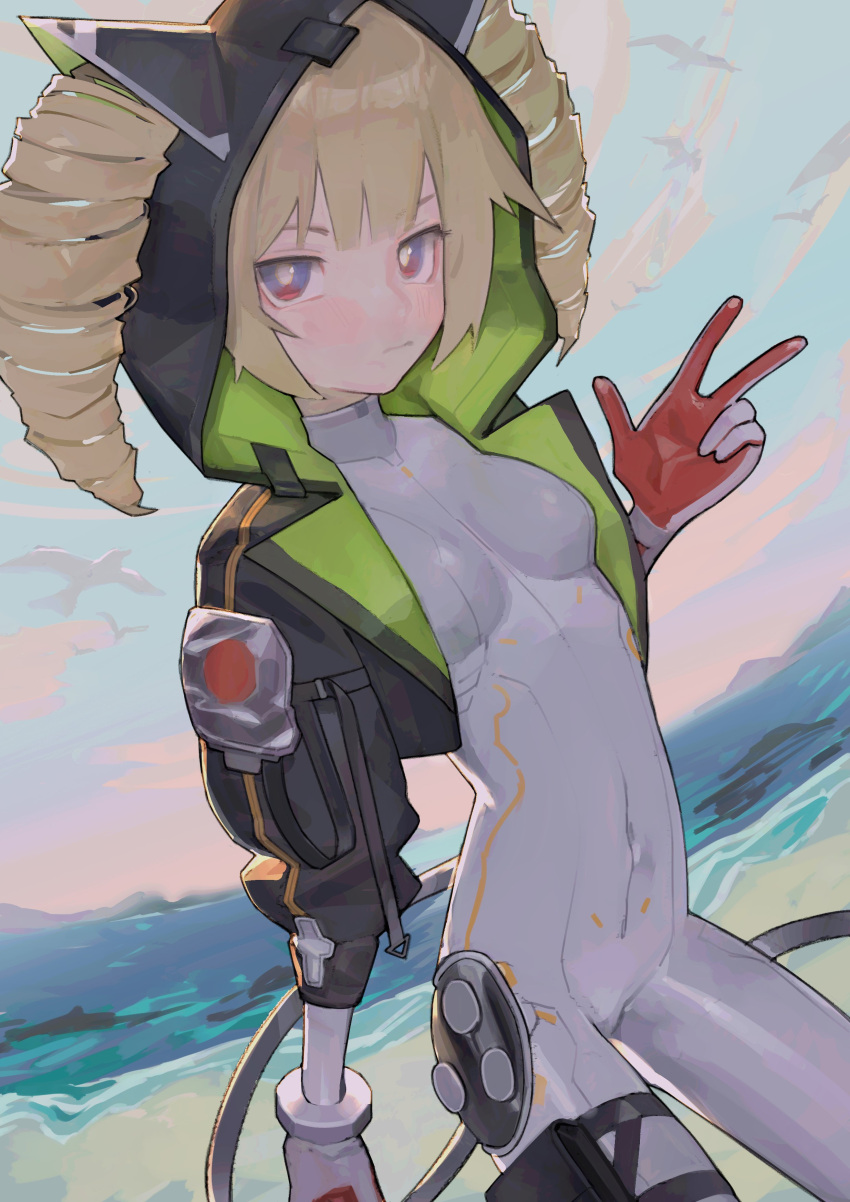 1girl absurdres alt_text animal_hood beach black_jacket blonde_hair bodysuit breasts bright_pupils cable cable_tail closed_mouth commentary covered_navel cowboy_shot cropped_jacket day drill_hair dutch_angle english_commentary green_jacket grey_bodysuit hair_through_headwear hand_up highres hood hood_up hooded_jacket jacket looking_at_viewer mechanical_tail medium_hair ocean open_clothes open_jacket outdoors purple_eyes saaal653 shiro_(tower_of_fantasy) small_breasts solo standing tail thigh_pouch tower_of_fantasy twin_drills two-sided_fabric two-sided_jacket w white_pupils