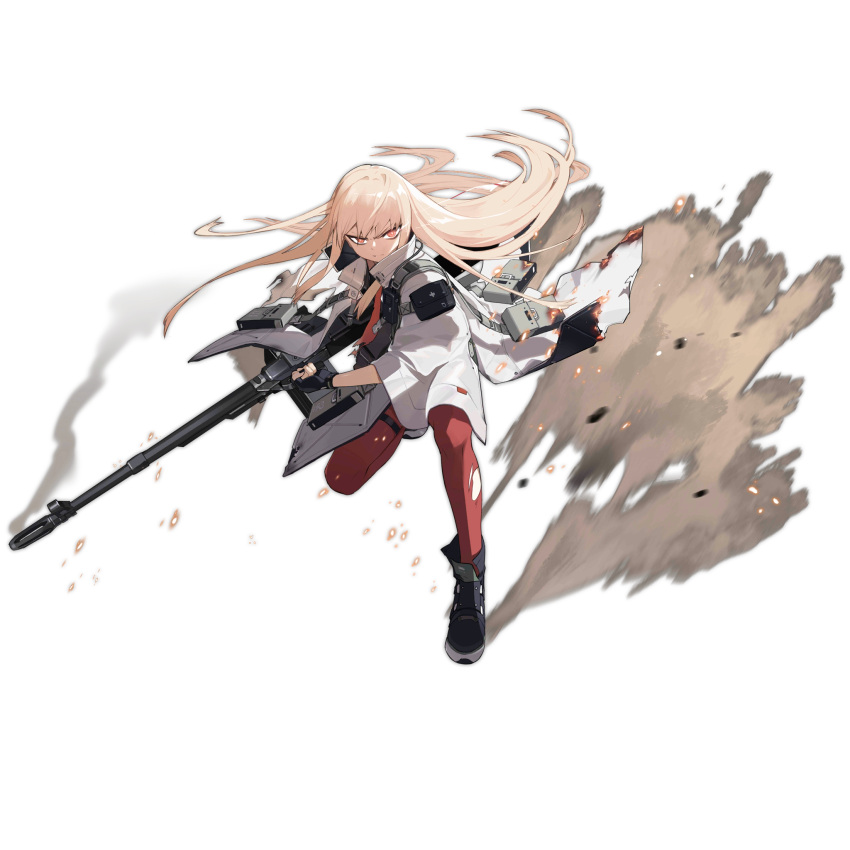 1girl angry bags_under_eyes black-framed_eyewear black_footwear black_gloves black_nails black_shirt blonde_hair burning_clothes closed_mouth embers fingerless_gloves fingernails floating_hair full_body girls'_frontline glasses gloves gun highres holding holding_gun holding_weapon jacket jong_tu long_hair looking_at_viewer mod3_(girls'_frontline) necktie official_alternate_costume official_art open_clothes red_eyes red_necktie red_thighhighs round_eyewear shirt simple_background smoke solo standing standing_on_one_leg tactical_clothes thigh_strap thighhighs torn_clothes torn_jacket torn_necktie torn_thighhighs transparent_background type_80 type_80_(girls'_frontline) v-shaped_eyebrows very_long_hair walkie-talkie weapon white_jacket