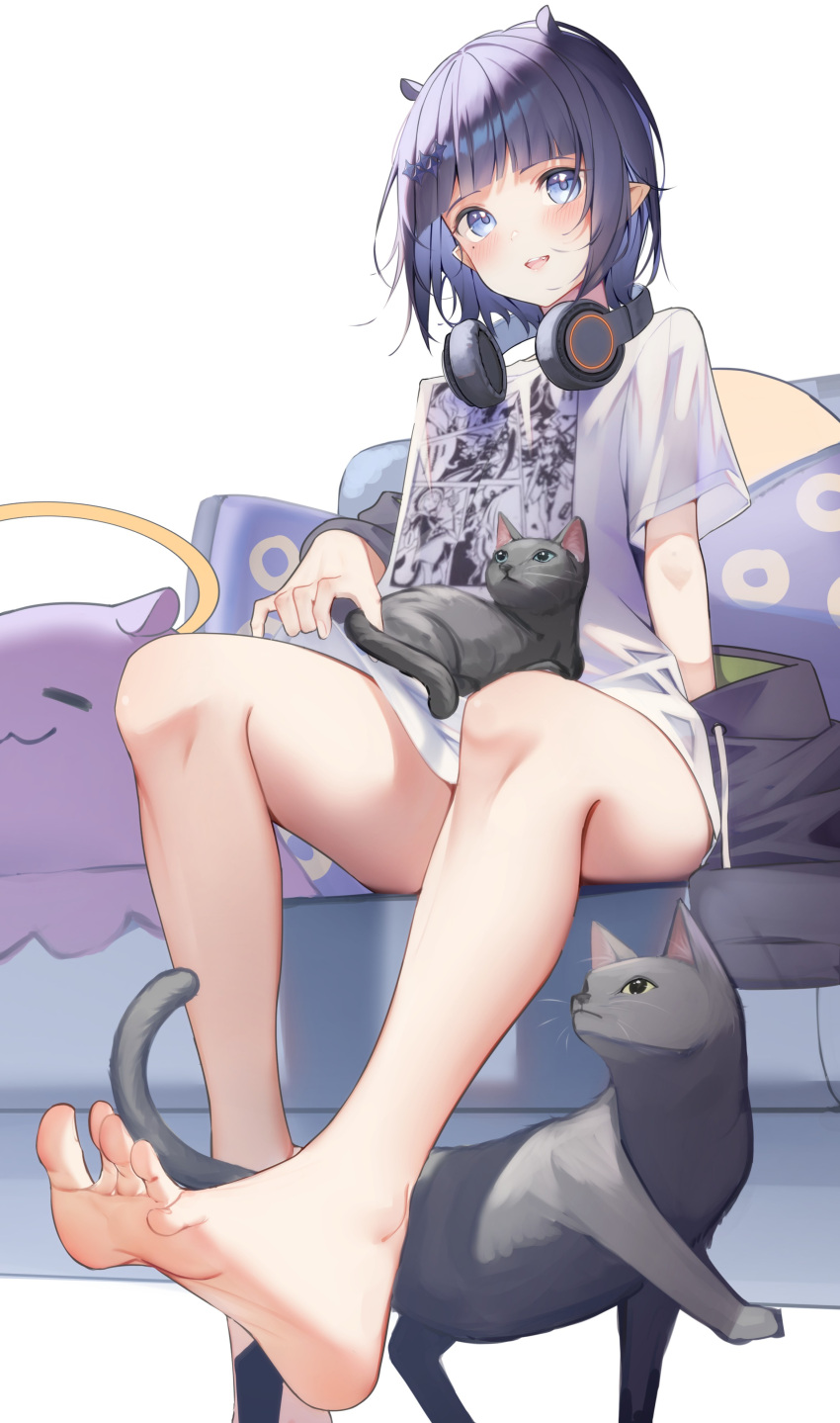 1girl absurdres arm_support bare_legs barefoot black_cat blue_eyes blunt_bangs blush cat commentary_request couch extra_ears feet foreshortening full_body hair_ornament headphones headphones_around_neck highres hololive hololive_english legs looking_at_viewer medium_hair mole mole_under_eye ninomae_ina'nis open_mouth oversized_clothes oversized_shirt pero_(peroneko0510) pointy_ears purple_hair shiny_skin shirt short_sleeves sidelocks simple_background sitting soles solo spread_toes t-shirt takodachi_(ninomae_ina'nis) teeth thighs toenails toes upper_teeth_only virtual_youtuber white_background