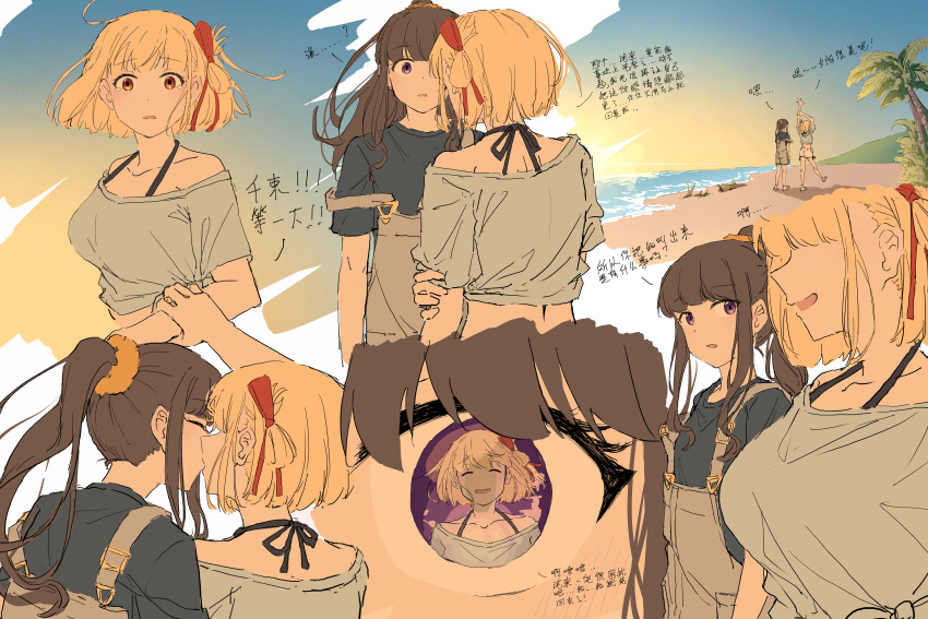 absurdres beach bikini bikini_under_clothes black_hair blonde_hair blue_overalls blue_shirt blush bob_cut breasts chinese_text close-up commentary cowboy_shot english_commentary eye_reflection fafayu floating_hair grabbing_own_arm hair_ribbon highres inoue_takina kiss large_breasts long_hair looking_at_viewer lycoris_recoil nishikigi_chisato ocean one_side_up open_mouth outdoors overalls palm_tree parted_lips ponytail purple_eyes red_eyes red_ribbon reflection ribbon shirt short_hair sidelocks single_off_shoulder sunset swimsuit tearing_up translation_request tree upper_body wide-eyed yuri