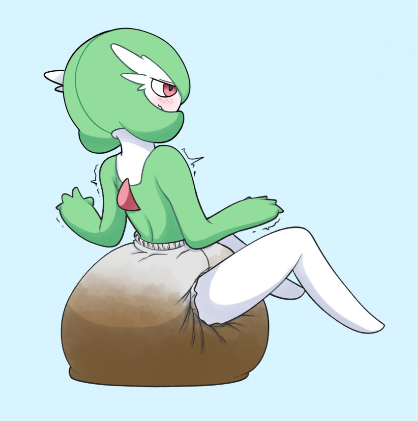 2022 blush clothed clothing diaper diaper_fetish diaper_only feces female gardevoir generation_3_pokemon green_hair hair hi_res looking_away messy_diaper nintendo octojo pokemon pokemon_(species) red_eyes scat shaking simple_background sitting soiled soiled_diaper soiling solo topless trembling wearing_diaper
