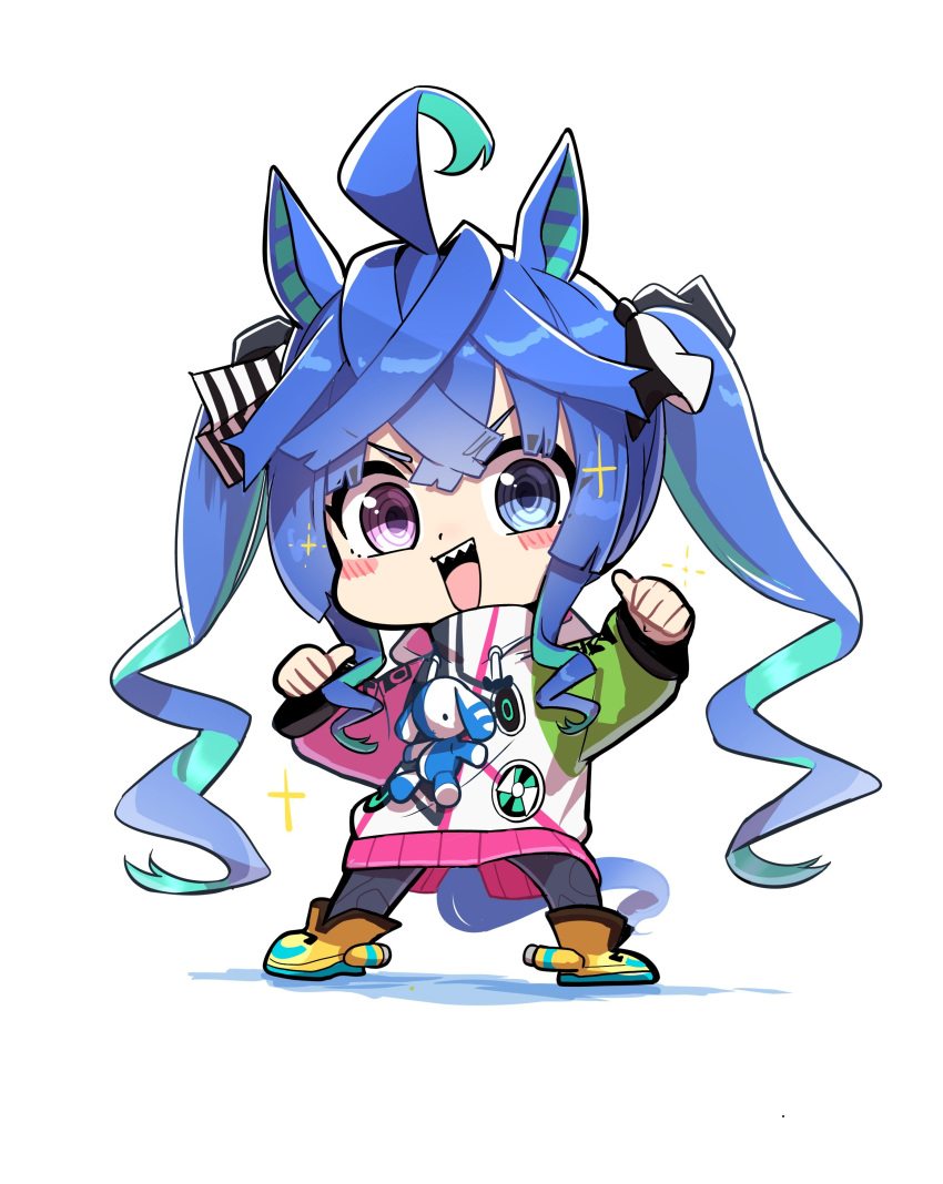 1girl :d @_@ absurdres ahoge animal_ears aqua_hair black_leggings blue_eyes blue_hair blush blush_stickers boots bow chibi crossed_bangs drawstring hair_bow hands_up heterochromia highres hood hoodie horse_ears horse_girl horse_tail leggings legs_apart long_hair long_sleeves looking_at_viewer multicolored_clothes multicolored_hair multicolored_hoodie open_mouth pointing pointing_at_self purple_eyes shadow sharp_teeth sidelocks simple_background smile solo sparkle standing striped striped_bow stuffed_animal stuffed_rabbit stuffed_toy tachi-e tail takuan_(taku1219oekaki) teeth twin_turbo_(umamusume) twintails two-tone_hair umamusume upper_teeth_only v-shaped_eyebrows very_long_hair white_background yellow_footwear