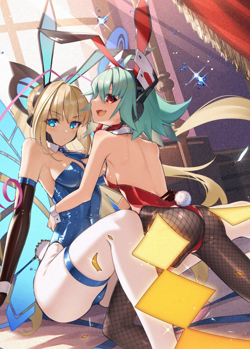 2girls animal_ears aqua_hair ass azure_striker_gunvolt azure_striker_gunvolt_2 back backless_leotard blonde_hair blue_eyes blue_leotard breasts cleavage cluseller expressionless fake_animal_ears fake_tail fang fishnet_pantyhose fishnets grey_hair highres hug leotard long_hair looking_at_viewer looking_back lumen_(gunvolt) medium_breasts multiple_girls open_mouth pantyhose playboy_bunny rabbit_ears rabbit_tail red_eyes red_leotard roro_(gunvolt) sideboob sitting smile tail thigh_strap very_long_hair white_pantyhose wrist_cuffs