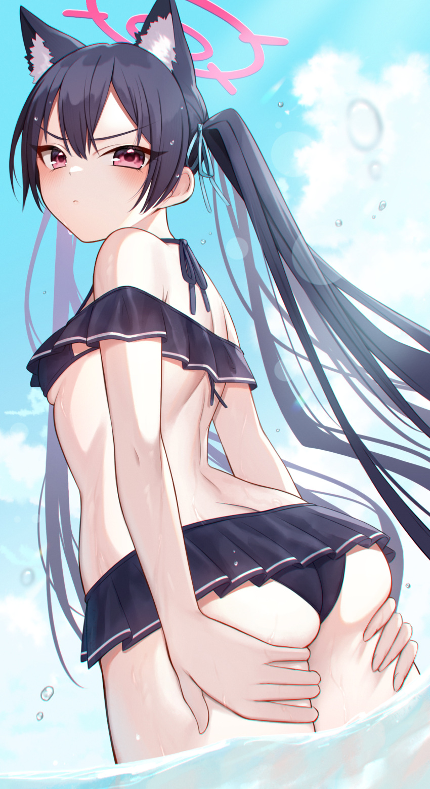 1girl animal_ear_fluff animal_ears ass bikini black_bikini black_hair blue_archive blue_sky blush breasts cat_ears closed_mouth cloud commentary_request day extra_ears hair_between_eyes halo highres hoshimiya_aki long_hair looking_at_viewer official_alternate_costume partially_submerged red_eyes red_halo serika_(blue_archive) serika_(swimsuit)_(blue_archive) sky small_breasts solo swimsuit twintails wet
