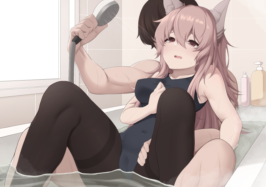 1boy 1girl act_(xadachit) animal_ear_fluff animal_ears bath bathing bathroom black_one-piece_swimsuit blush breasts brown_hair cameltoe covered_navel english_commentary girls'_frontline highres light_blush long_hair one-piece_swimsuit open_mouth pantyhose pantyhose_under_swimsuit partially_submerged persica_(girls'_frontline) shower_head sitting spread_legs sweat swimsuit thighband_pantyhose thighs water wet wet_clothes wet_pantyhose
