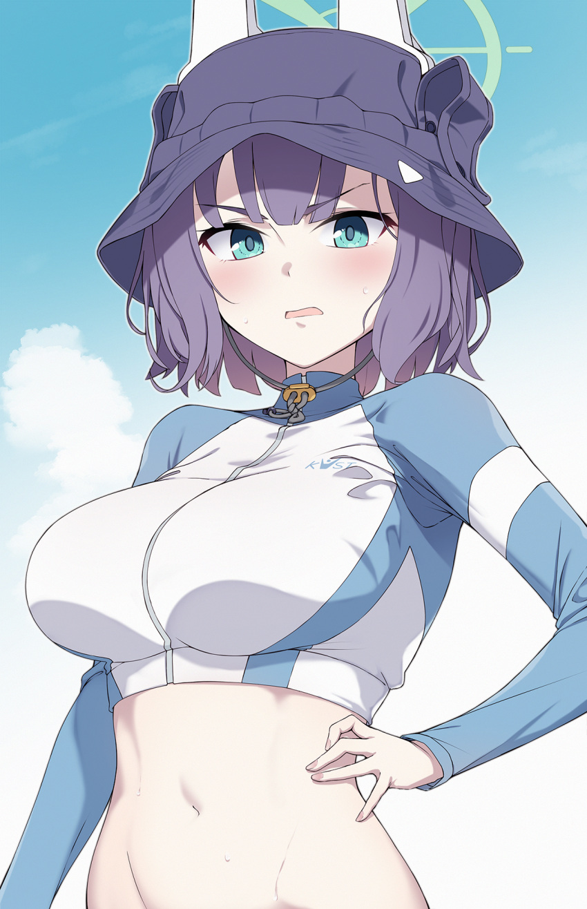1girl aqua_eyes black_headwear blue_archive blue_jacket blue_sky blush breasts bucket_hat cropped_jacket grey_hair halo hat highres jacket large_breasts long_sleeves looking_at_viewer mku multicolored_clothes multicolored_jacket navel official_alternate_costume open_mouth rash_guard saki_(blue_archive) saki_(swimsuit)_(blue_archive) short_hair sidelocks sky solo stomach swimsuit two-tone_jacket wet white_jacket