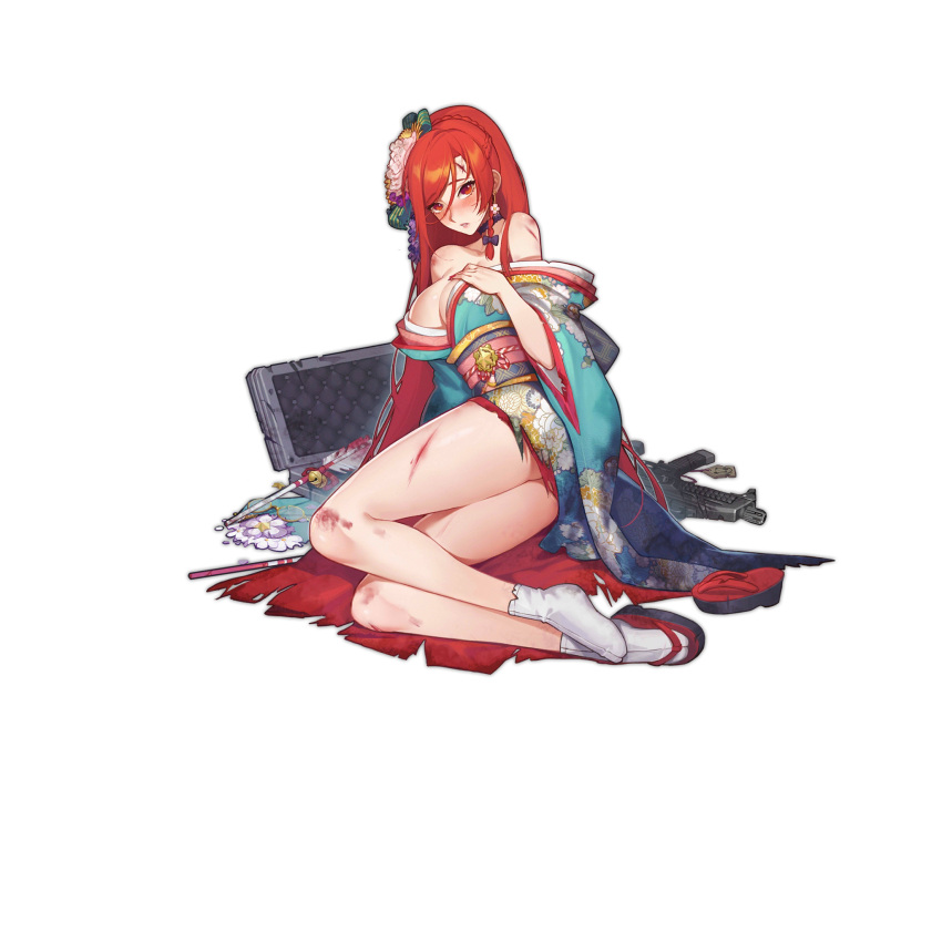 1girl aqua_kimono arrow_(projectile) ass_peek bare_shoulders blush bow braid breasts broken broken_arrow broken_footwear brooch bruise character_print choker collarbone cuts cz_scorpion_evo_3 earrings ema evo_3_(girls'_frontline) evo_3_(scarlet_first_bloom)_(girls'_frontline) eyewear_removed fingernails floral_print flower flower_earrings flower_request french_braid girls'_frontline hair_bow hair_flower hair_ornament hairclip hamaya hand_on_own_chest highres injury japanese_clothes jewelry kimono kugi_ta_hori_taira large_breasts layered_clothes layered_kimono light_frown long_hair looking_at_viewer lying obi official_art okobo on_side open_box parted_lips ponytail purple_bow purple_choker red_eyes red_hair red_nails round_eyewear sash shoes shoes_removed simple_background single_braid single_shoe skorpion_(girls'_frontline) socks solo star_(symbol) star_hair_ornament tabi torn_clothes torn_kimono torn_socks transparent_background very_long_hair weapon_case weapon_on_floor white_socks