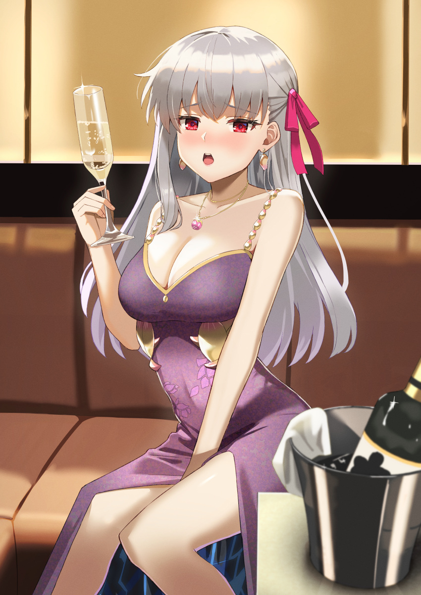 1girl absurdres alcohol breasts champagne champagne_bottle champagne_flute cleavage couch cup dress drinking_glass earrings fate/grand_order fate_(series) grey_hair hair_ribbon highres jewelry kama_(fate) large_breasts long_hair motukan pendant purple_dress red_eyes ribbon sitting