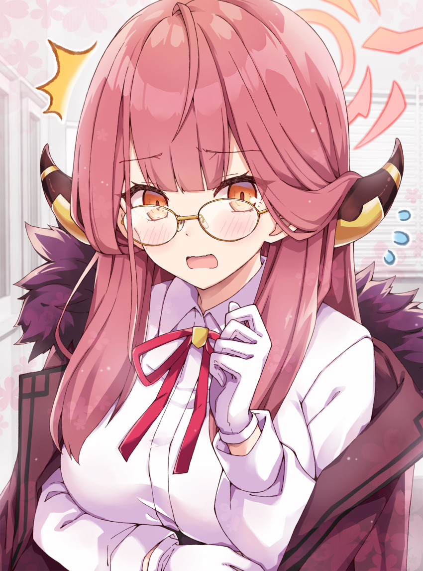 1girl blue_archive blush breasts brown_eyes character_request collared_shirt glasses gloves highres large_breasts long_hair looking_at_viewer open_mouth pink_hair rioshi shirt solo upper_body white_gloves white_shirt yellow-framed_eyewear