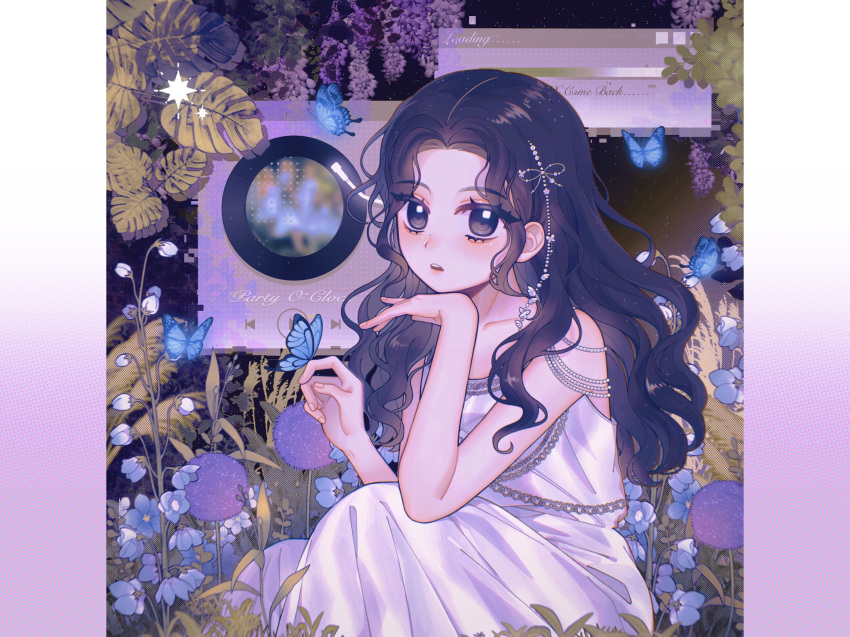 1girl animification black_eyes black_hair blush collarbone dress flower hair_behind_ear highres k-pop kyujin_(nmixx) leaf looking_at_viewer nmixx o_bianyi_didi_shu_o parted_lips party_o'clock_(nmixx) pillarboxed purple_flower real_life sitting solo song_name turntable white_dress window_(computing)