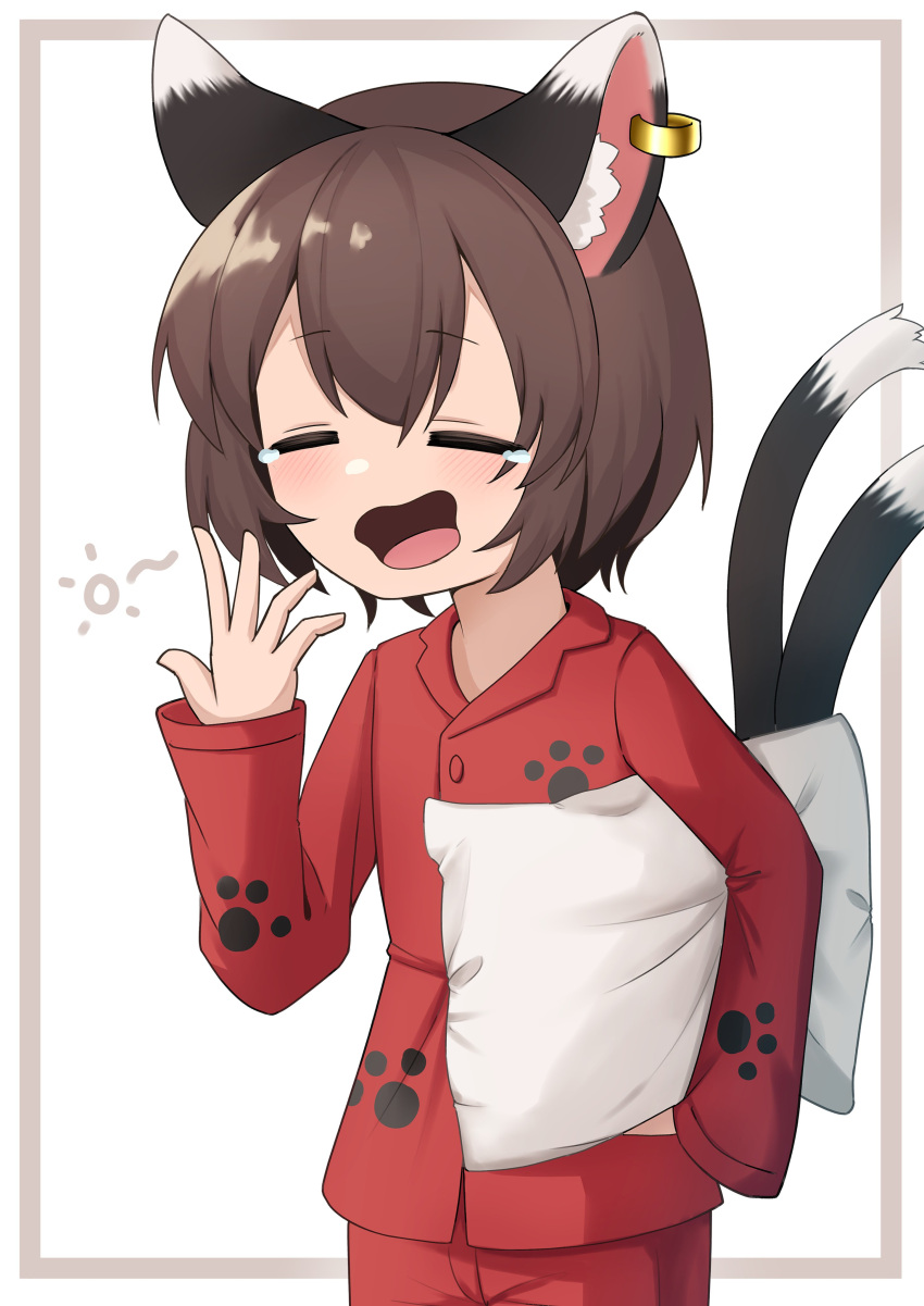 1girl absurdres animal_ear_fluff animal_ear_piercing animal_ears asakura_haru border brown_border brown_hair cat_ears cat_tail chen closed_eyes commentary_request highres holding holding_pillow multiple_tails pajamas paw_print pillow red_pajamas short_hair solo tail tears touhou two_tails white_background yawning