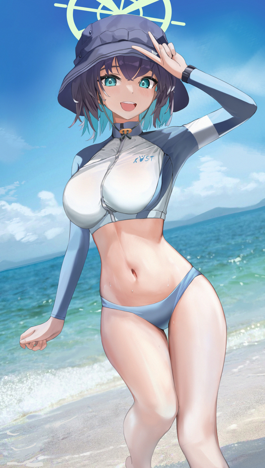 1girl absurdres arm_up beach bikini bikini_bottom_only black_hair blue_archive blue_bikini blush breasts bucket_hat cloud cowboy_shot cropped_jacket day fuenyuan green_eyes green_halo hair_between_eyes halo hand_up hat highres horizon jacket large_breasts long_sleeves looking_at_viewer multicolored_clothes multicolored_jacket navel ocean official_alternate_costume open_mouth outdoors raglan_sleeves rash_guard saki_(blue_archive) saki_(swimsuit)_(blue_archive) short_hair sky smile solo standing stomach swimsuit thighs two-tone_jacket v water