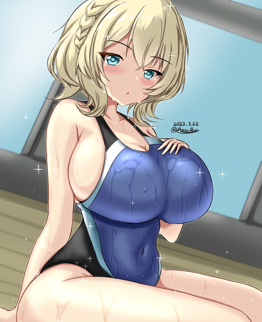 1girl black_one-piece_swimsuit blonde_hair blue_eyes blue_one-piece_swimsuit braid breasts colorado_(kancolle) competition_swimsuit covered_navel dated day hand_on_own_chest highleg highleg_swimsuit highres huge_breasts impossible_clothes impossible_swimsuit kantai_collection large_breasts looking_at_viewer montemasa multicolored_clothes multicolored_swimsuit one-hour_drawing_challenge one-piece_swimsuit rei_no_pool short_hair side_braids sideboob sitting solo swimsuit twitter_username two-tone_swimsuit wet wet_clothes wet_swimsuit window