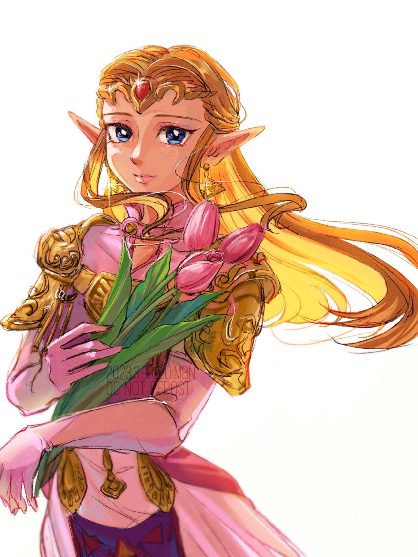 1girl artist_name blonde_hair blue_eyes circlet dated dress flower gloves highres holding holding_flower long_hair looking_at_viewer oim8n pink_dress pink_flower pink_gloves pointy_ears princess_zelda simple_background solo the_legend_of_zelda the_legend_of_zelda:_ocarina_of_time triforce_earrings upper_body watermark white_background