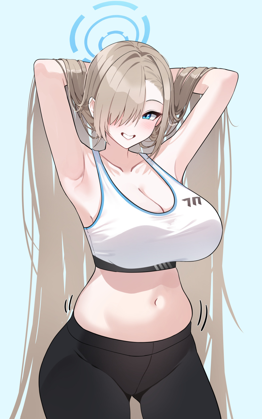 1girl absurdres armpits arms_up asuna_(blue_archive) black_pants blue_archive blush breasts cleavage coke0502 halo hands_in_hair highres huge_breasts light_brown_hair long_hair looking_at_viewer navel pants simple_background skindentation smile solo sports_bra stomach straight_hair very_long_hair white_sports_bra