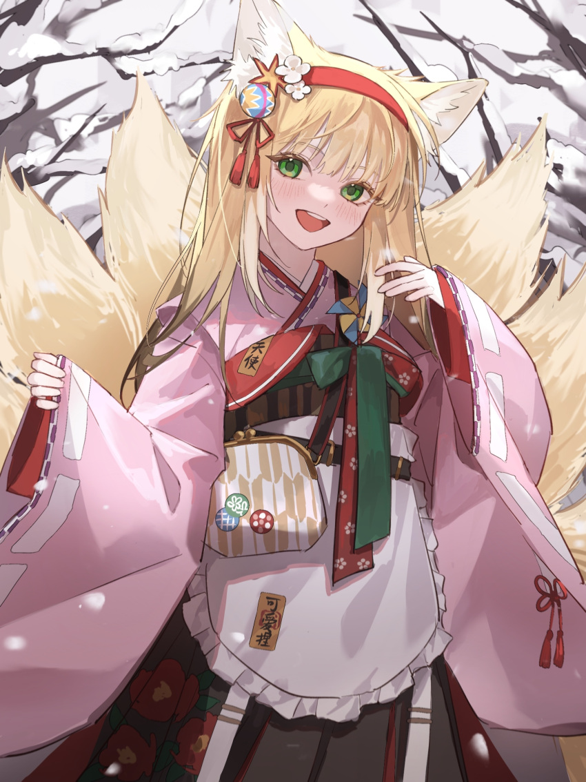 1girl :d absurdres animal_ear_fluff animal_ears apron arknights bare_tree black_hakama black_skirt blonde_hair blush chinese_commentary coin_purse commentary cowboy_shot floral_print flower fox_ears fox_girl fox_tail frilled_apron frills green_eyes green_ribbon hair_flower hair_ornament hairband hakama hakama_skirt hands_up highres japanese_clothes kimono layered_sleeves long_hair long_sleeves looking_at_viewer multiple_tails no_sclera obi official_alternate_costume open_mouth pink_kimono pinwheel pleated_skirt red_hairband ribbon sash skirt smile snow solo suzuran_(arknights) suzuran_(yukibare)_(arknights) tail tassel tassel_hair_ornament teeth tree upper_teeth_only waist_apron weimeizi white_apron wide_sleeves yagasuri