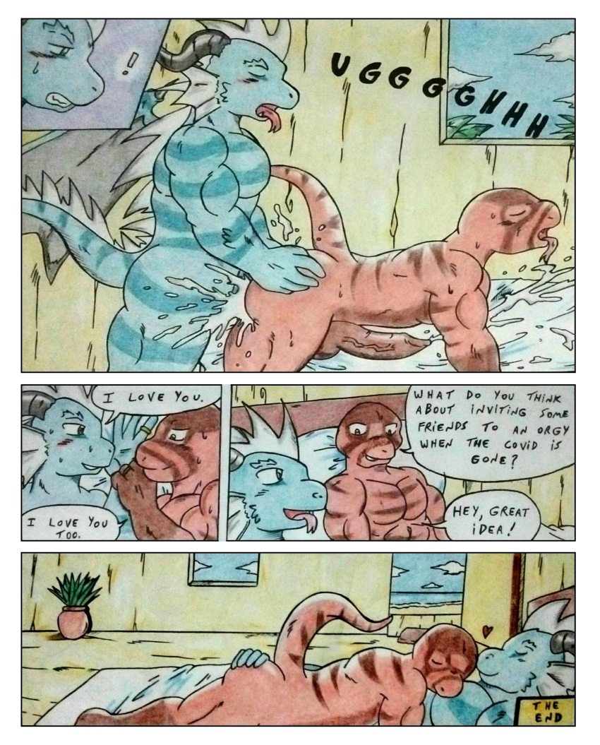 &lt;3 2020 5_fingers abs absurd_res after_sex anal anal_penetration anthro balls beach beach_house bed biceps blush blush_lines bodily_fluids brown_balls brown_body brown_eyes brown_penis comic comic_panel cum cum_in_ass cum_inside cum_on_bed cumming_together dashthefox day dialogue digit_ring dragon duo ejaculation eyes_closed fingers forked_tongue furniture genital_fluids genitals green_tail hand_holding hand_on_butt hi_res horn i_love_you inside jewelry komodo_dragon komodo_dragon_tail laying_together lizard love lying male male/male manly moan monitor_lizard moobs muscular muscular_anthro muscular_male obliques on_side onomatopoeia pecs penetration penis reptile ring romantic romantic_couple scalie seaside sex sleeping sleeping_together sound_effects speech_bubble spread_wings striped_body stripes sweat sweatdrop tail talking_to_another talking_to_partner teal_body teal_eyes teal_scales teal_skin text tongue tongue_out traditional_media_(artwork) vein veiny_penis wedding_ring western_dragon wings