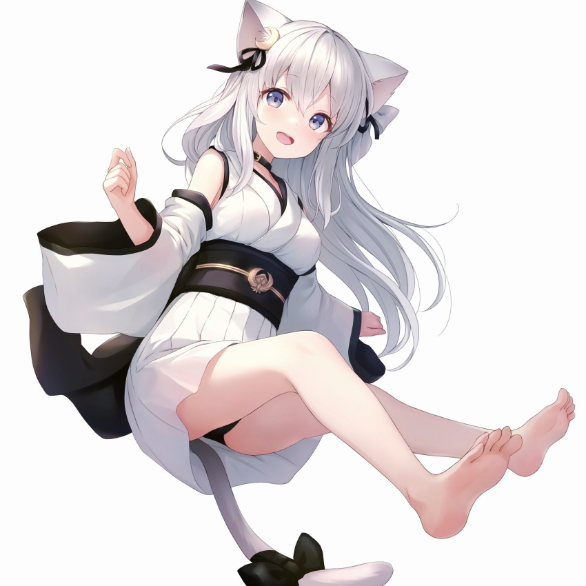 1girl animal_collar animal_ears bare_legs barefoot black_panties black_ribbon blue_eyes bow breasts cat_ears cat_tail catbell collar commentary_request crescent detached_sleeves eyelashes feet full_body hair_between_eyes hair_ribbon hands_up highres invisible_chair japanese_clothes kimono legs long_sleeves looking_at_viewer medium_breasts obi open_mouth original panties ribbon sash short_kimono simple_background sitting sleeveless sleeveless_kimono soles solo tail tail_bow tail_ornament thighs toes underwear white_background white_kimono wide_sleeves