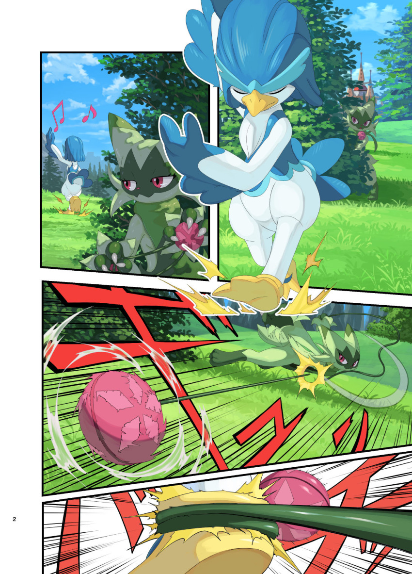 2023 ambiguous_gender beak being_watched castle comic detailed_background digital_media_(artwork) duo eyes_closed feather_tuft feathers feral floragato focused forest forest_background fur generation_9_pokemon hair hi_res japanese_text karamimame leaf looking_at_another looking_back mammal membrane_(anatomy) mountain multicolored_body multicolored_fur nature nature_background nintendo onomatopoeia plant pokemon pokemon_(species) quaxwell shrub sitting sound_effects tail tail_tuft text tree tuft tufted_fur webbed_feet yo-yo