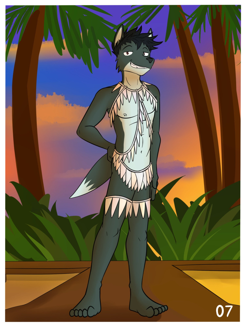 3:4 anthro canid canine fox fox_frat_dude_(fuze) fuze grass_skirt hand_on_hip hi_res male mammal mostly_nude navel nipples outside palm_tree plant pose smile smirk solo sunset tree