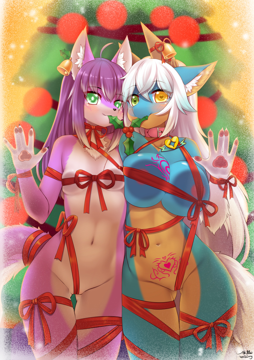 &lt;3 &lt;3_eyes absurd_res accessory against_surface anthro bdsm bell big_breasts bite blue_body blush blushing_at_viewer bow_ribbon breast_squish breasts canid canine canis chest_tattoo christmas collar dragon duo female fur furgonomics genitals glass green_eyes hair hi_res holidays horn inner_ear_fluff looking_at_viewer mammal mistletoe mostly_nude mostly_nude_anthro mostly_nude_female multicolored_eyes navel on_glass pawpads pink_body pink_pawpads plant purple_body purple_hair pussy pussy_floss red_ribbon ribbons side_by_side smile squish tail tail_accessory tattoo tuft white_hair wolf wolfhimeqin wolflong yellow_eyes