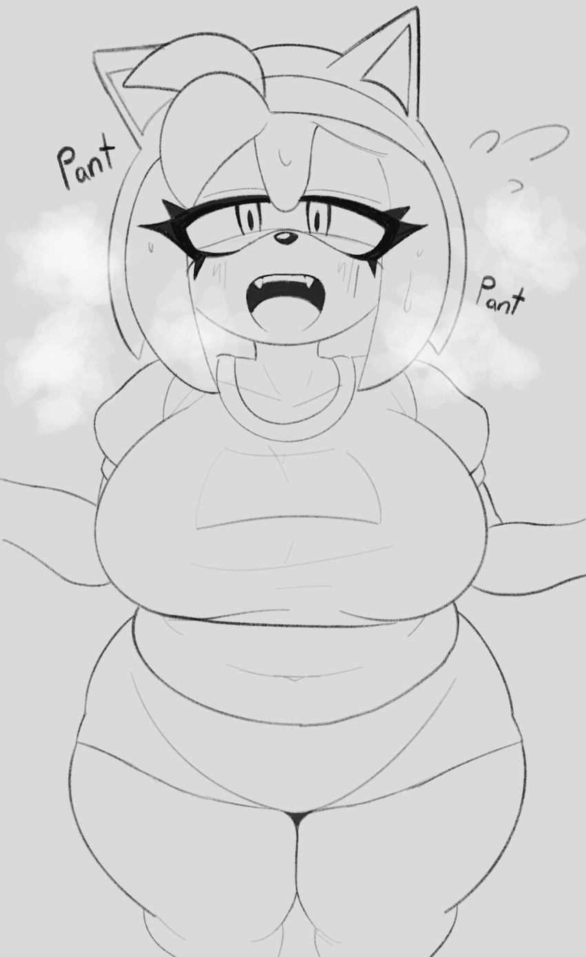 absurd_res accessory amy_rose anthro big_breasts bodily_fluids bottomwear breasts breath champchidi clothing crop_top eulipotyphlan female hair_accessory hairband hedgehog hi_res line_art mammal monochrome navel panting sega shirt shorts slightly_chubby solo sonic_the_hedgehog_(series) sweat thick_thighs topwear