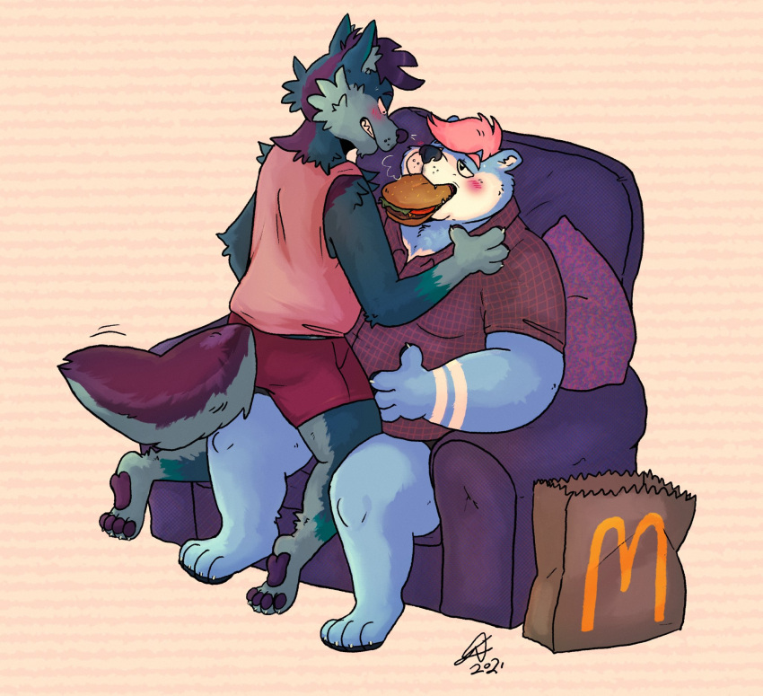 anthro bear belly blue_body blue_fur blush canid canine canis clothed clothing eating fast_food food force_feeding forced fur hair hi_res male mammal mcdonald's obese obese_anthro obese_male overweight overweight_anthro overweight_male pink_hair purple_hair raccoonkind series sitting straddling toza weight_gain wolf yukon