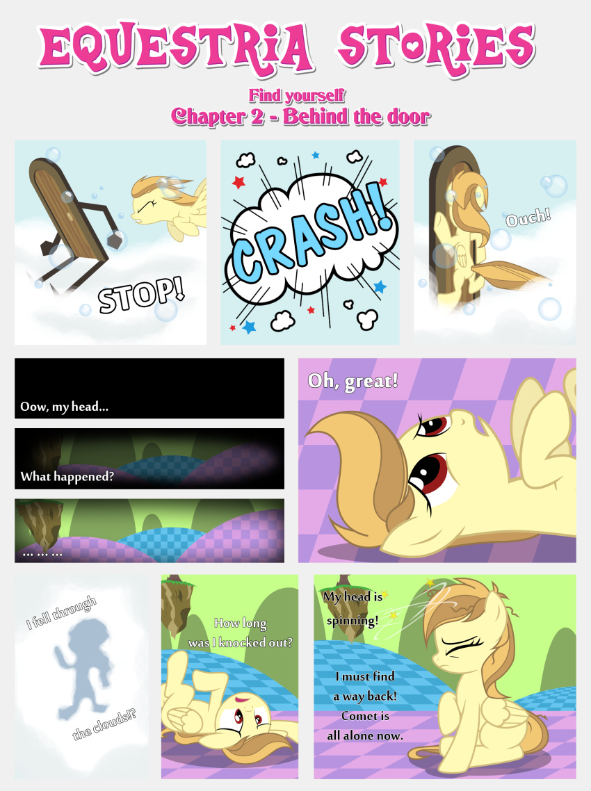absurd_res alice_goldenfeather_(estories) ambiguous_gender black_border border crash dialogue duo ears_flat ears_up equid equine estories eyes_closed fan_character female feral folded_wings friendship_is_magic hasbro hi_res hill lying mammal my_little_pony no_cutiemark on_back pegasus sitting stop wings