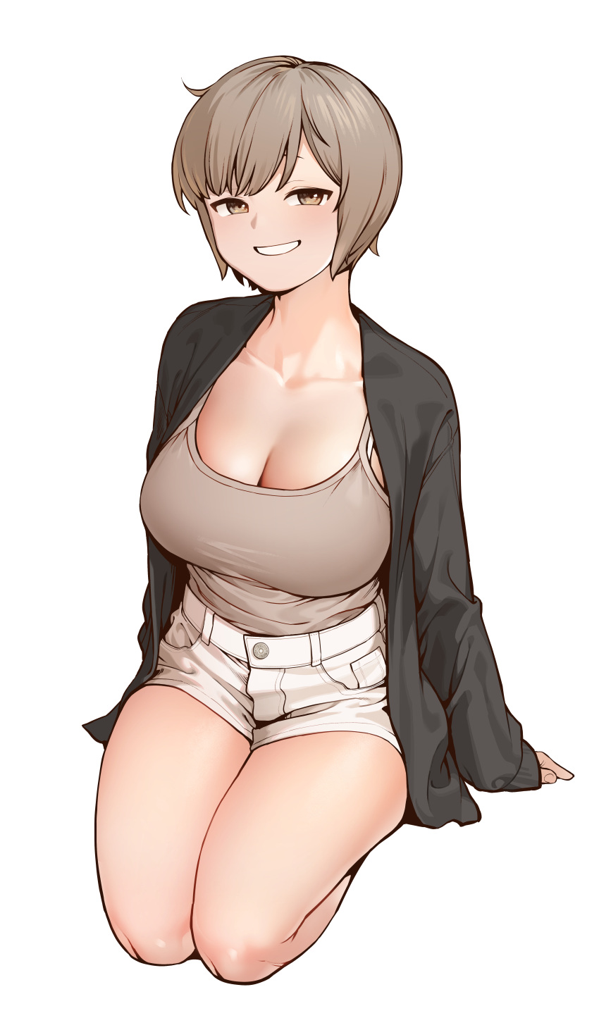 1girl absurdres arm_support bare_shoulders black_shirt breasts brown_eyes brown_hair cafe92 cleavage collarbone grey_tank_top grin highres kneeling korean_commentary large_breasts looking_at_viewer open_clothes open_shirt original seiza shirt short_hair short_shorts shorts simple_background sitting smile solo tank_top white_background white_shorts