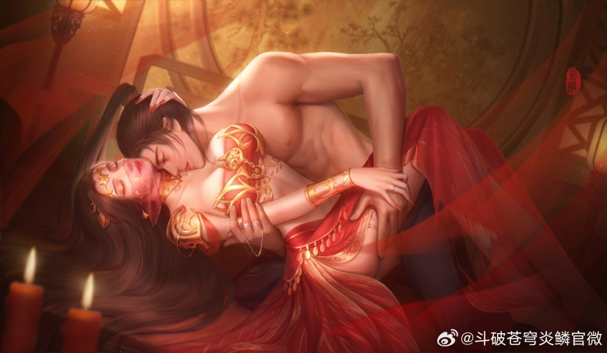 1boy 1girl bed brown_hair cai_lin_(doupo_cangqiong) candle collarbone doupo_cangqiong hair_tie highres holding_another's_leg huai_guang_zz jewelry lamp long_hair on_bed parted_lips ponytail red_nails red_skirt red_tube_top second-party_source sexually_suggestive skirt strapless topless_male tube_top veil xiao_yan_(doupo_cangqiong)