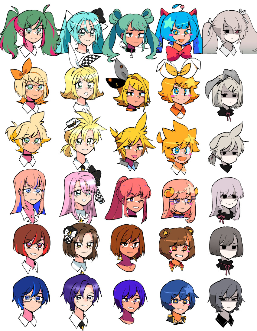 25-ji_kaito 25-ji_len 25-ji_luka 25-ji_meiko 25-ji_miku 25-ji_nightcord_de._(project_sekai) 25-ji_rin absurdres ahoge black_eyes blonde_hair blue_eyes blue_hair bob_cut bow brown_eyes brown_hair clover-shaped_pupils commentary detached_collar empty_eyes everyone grey_hair hair_bow hair_ribbon hair_rings hatsune_miku heart heart-shaped_pupils high_ponytail highres kagamine_len kagamine_rin kaito_(vocaloid) leo/need_(project_sekai) leo/need_kaito leo/need_len leo/need_luka leo/need_meiko leo/need_miku leo/need_rin long_hair low_ponytail megurine_luka meiko_(vocaloid) more_more_jump!_(project_sekai) more_more_jump!_kaito more_more_jump!_len more_more_jump!_luka more_more_jump!_meiko more_more_jump!_miku more_more_jump!_rin multiple_persona pink_hair portrait project_sekai ribbon rice_deity short_hair short_ponytail simple_background spade-shaped_pupils sparkling_eyes star-shaped_pupils star_(symbol) symbol-shaped_pupils twintails two-tone_bow very_long_hair vivid_bad_squad_(project_sekai) vivid_bad_squad_kaito vivid_bad_squad_len vivid_bad_squad_luka vivid_bad_squad_meiko vivid_bad_squad_miku vivid_bad_squad_rin vocaloid white_background white_bow wonderlands_x_showtime_(project_sekai) wonderlands_x_showtime_kaito wonderlands_x_showtime_len wonderlands_x_showtime_luka wonderlands_x_showtime_miku wonderlands_x_showtime_rin