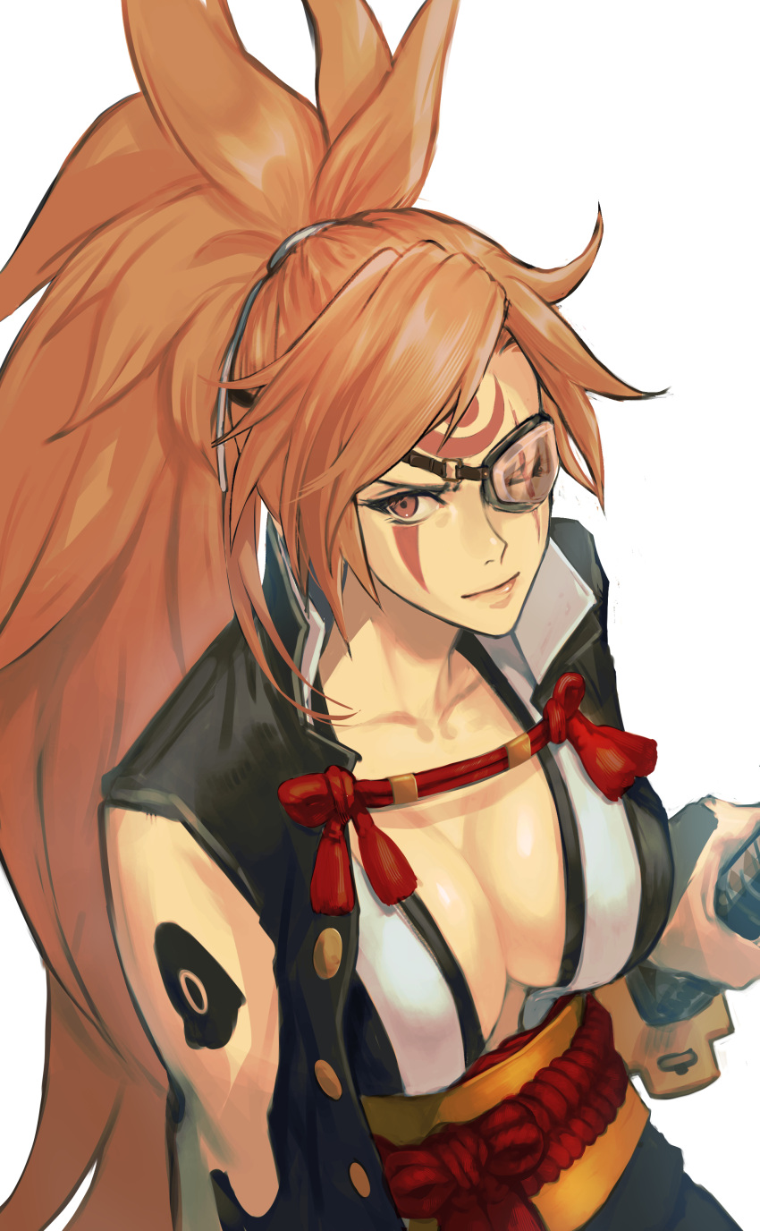 1girl absurdres baiken big_hair black_jacket black_kimono breasts cleavage eyepatch facial_tattoo guilty_gear guilty_gear_xrd highres hitsuji_kusa jacket jacket_on_shoulders japanese_clothes kataginu katana kimono large_breasts long_hair looking_at_viewer multicolored_clothes multicolored_kimono one-eyed open_clothes open_kimono pink_hair ponytail red_eyes samurai scar scar_across_eye scar_on_face sword tattoo weapon white_kimono