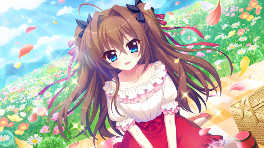 1girl black_bow blanket blue_eyes blue_sky bow brown_hair cloud collar collarbone daisy day dot_nose dutch_angle film_grain flower flower_request frilled_collar frilled_shirt frilled_sleeves frills game_cg grass hair_bow hands_on_lap izumi_tsubasu lens_flare looking_at_viewer mountainous_horizon non-web_source official_art on_ground open_mouth petals picnic picnic_basket pink_shirt re:stage! red_footwear red_skirt shikimiya_aone shirt shoes short_sleeves sile sitting skirt sky solo sparkle sunlight thermos two_side_up wariza wind