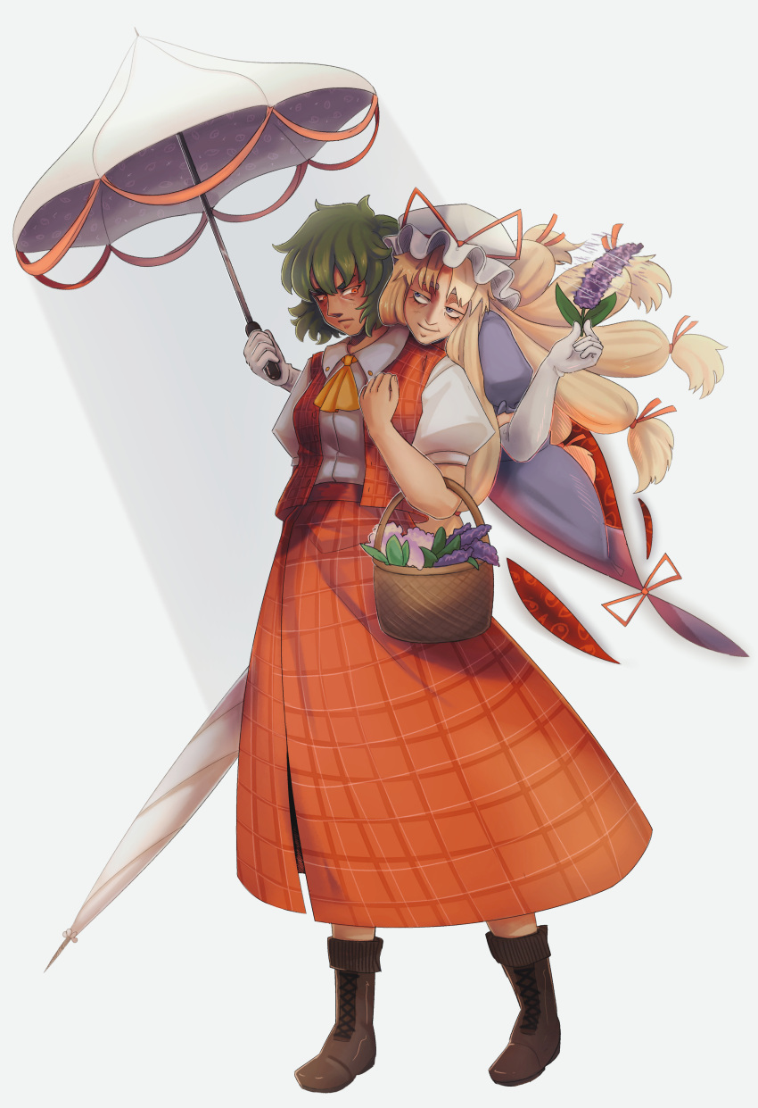 2girls absurdres annoyed ascot blonde_hair boots breasts brown_footwear closed_mouth collared_shirt commentary_request dress elbow_gloves flower frown full_body gap_(touhou) gloves green_hair hat hat_ribbon highres kazami_yuuka long_hair long_skirt looking_at_another lunaticlunarian medium_bangs medium_breasts mob_cap multiple_girls old old_woman parasol plaid plaid_skirt plaid_vest purple_dress purple_eyes purple_flower red_eyes red_ribbon red_skirt red_vest ribbon shirt short_hair sidelocks simple_background skirt skirt_set smile touhou umbrella very_long_hair vest white_background white_gloves white_headwear white_shirt white_umbrella wrinkled_skin yakumo_yukari yellow_ascot