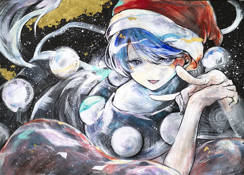 1girl blue_eyes blue_hair calligraphy_brush doremy_sweet hat ikeda_ruriko looking_at_viewer lying on_stomach open_mouth paintbrush painting_(medium) santa_hat solo touhou traditional_media