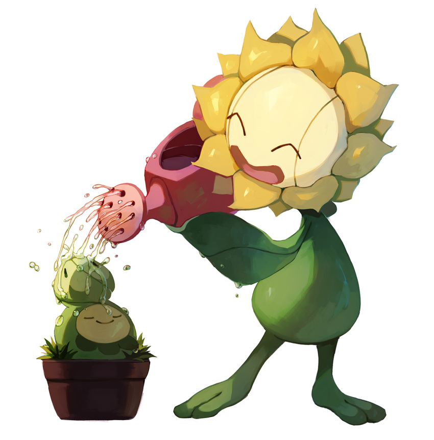 bluekomadori budew closed_eyes creature flower grass happy highres holding holding_watering_can open_mouth plant pokemon pokemon_(creature) potted_plant pouring simple_background smile sunflora water water_drop watering_can white_background