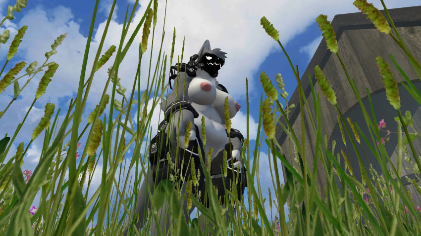 3d_(artwork) anthro barely_visible_genitalia barely_visible_pussy breasts digital_media_(artwork) female genitals grass hi_res mamagen plant pussy rougethedoge solo vrchat