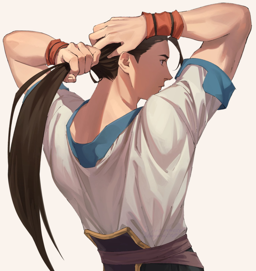 1boy a_(user_vtsy8742) black_eyes black_hair expressionless fei_fong_wong highres long_hair male_focus muscular muscular_male ponytail profile shirt short_sleeves simple_background solo tying_hair upper_body white_background white_shirt wrist_cuffs xenogears