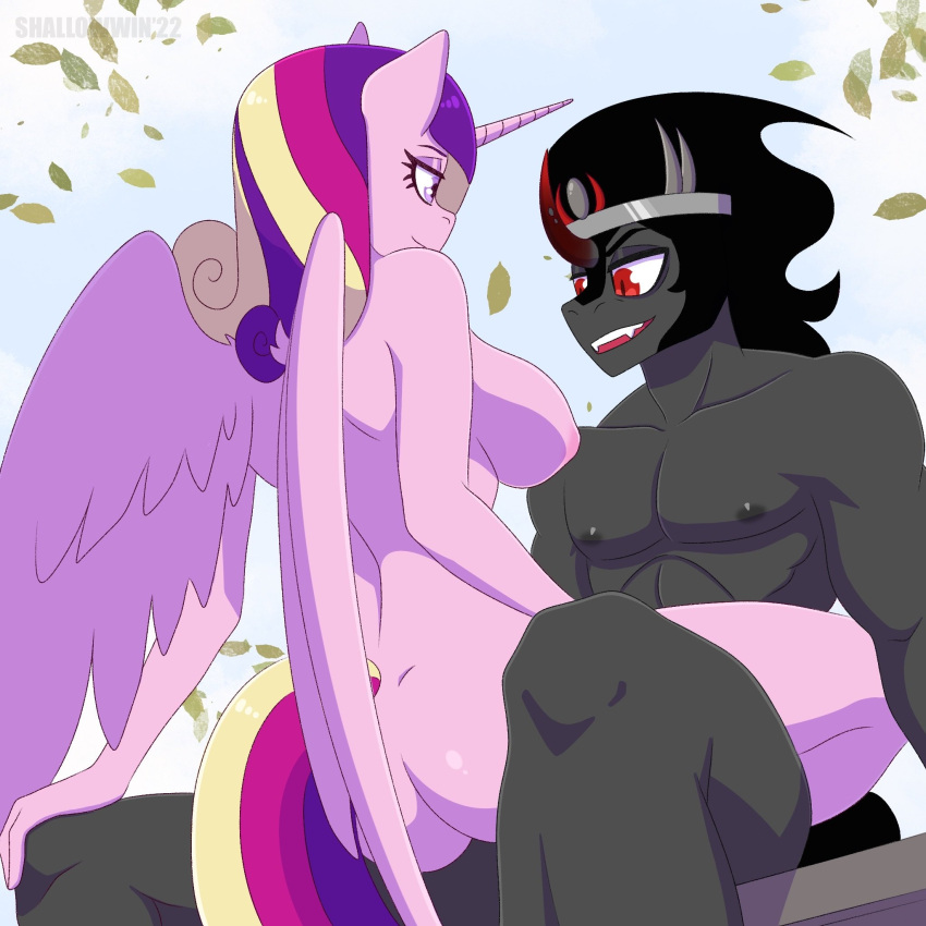 1:1 anthro anthrofied black_hair blonde_hair crown equid equine falling_leaves fangs female friendship_is_magic fur grey_body grey_fur hair hasbro headgear hi_res horn king_sombra_(mlp) leaf mammal multicolored_hair my_little_pony nude on_lap pink_body pink_fur pink_hair princess_cadance_(mlp) purple_hair red_eyes shallowwin sitting teeth umbrum unicorn winged_unicorn wings