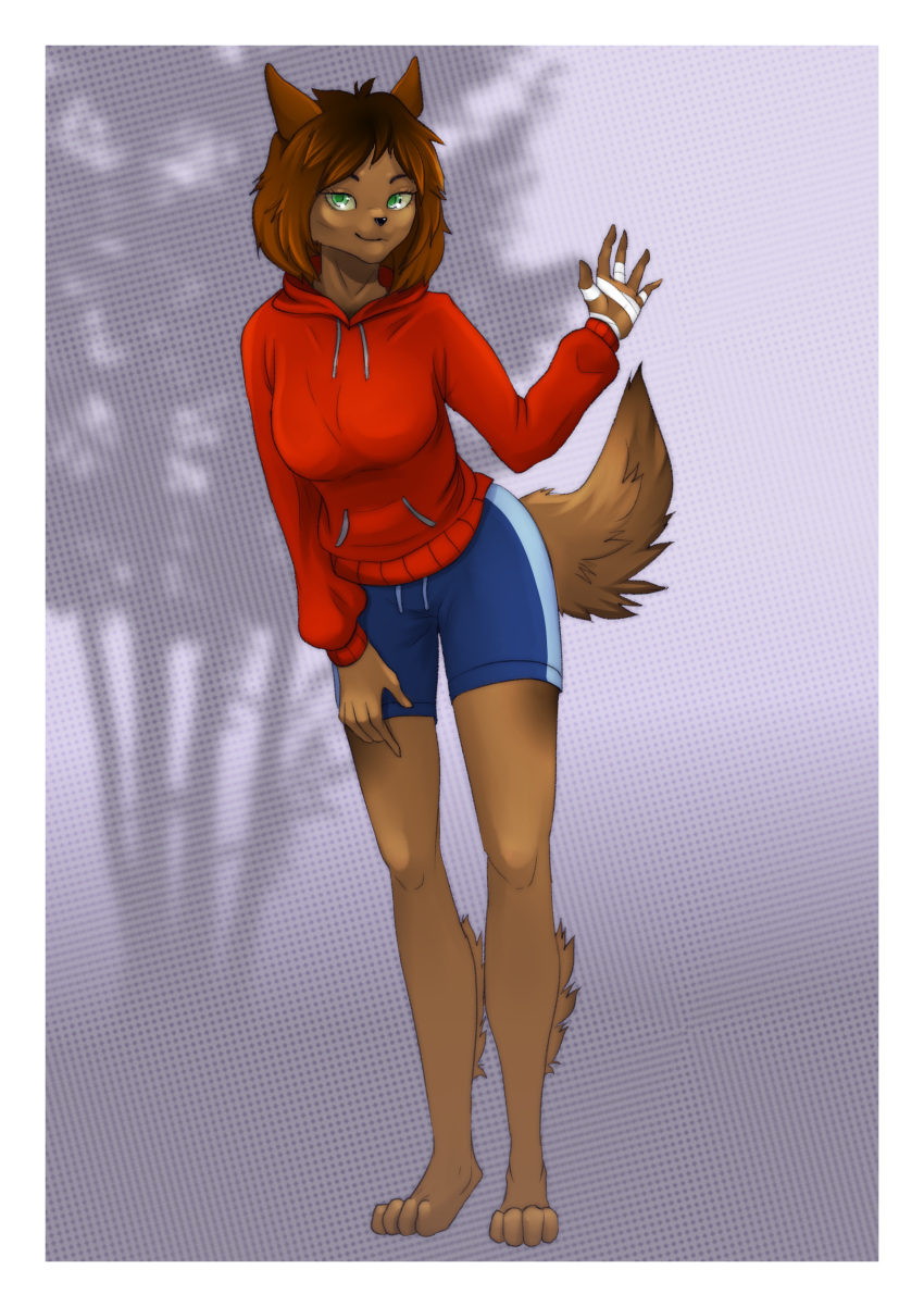 5_fingers absurd_res anthro bandage canid canine canine_ears canis clothed clothing coyote digital_media_(artwork) female fingers fur fur_tuft gesture green_body hair hi_res looking_at_viewer mammal mortkim peyote_anne_(phydis) smile solo solo_focus tail tuft waving yellow_sclera