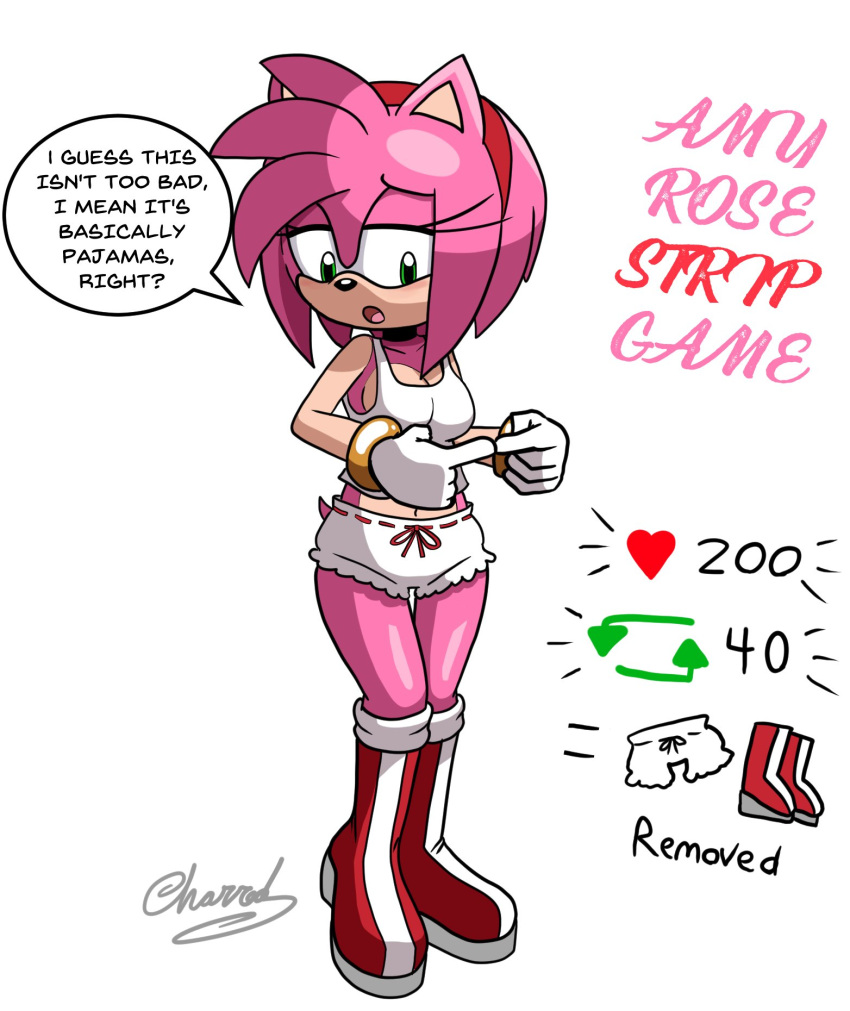 accessory amy_rose anthro blush boots bracelet clothing crop_top dialogue female female/female footwear fur gloves green_eyes hair_accessory hairband handwear hi_res intersex intersex/intersex jewelry magnum3000 pajamas pink_body pink_fur sega shirt shy solo sonic_the_hedgehog_(series) speech_bubble strip_game topwear undressing