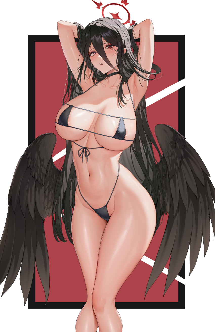 1girl absurdres areola_slip armpits arms_up bikini black_bikini black_choker black_feathers black_hair black_wings blue_archive breasts choker eyepatch_bikini feathered_wings feathers feet_out_of_frame groin halo hasumi_(blue_archive) highres large_breasts large_wings long_hair looking_at_viewer low_wings micro_bikini navel parted_lips red_eyes solo stomach swimsuit thighs very_long_hair wings xiaoqian9