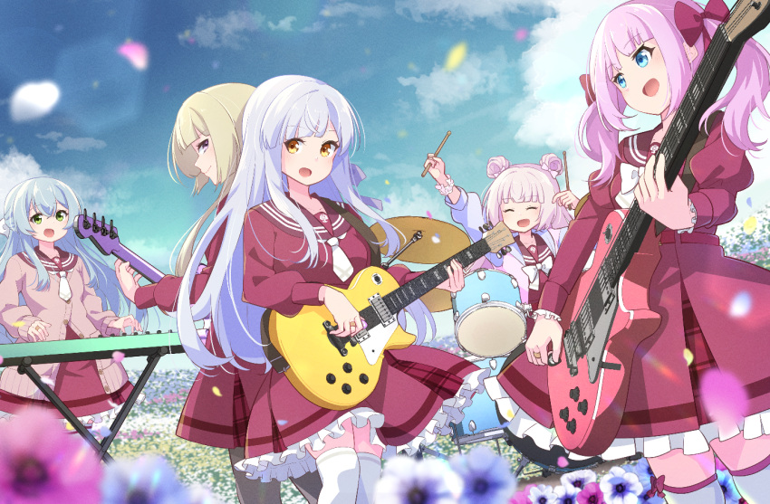 5girls :d ^_^ aqua_hair arm_up assault_lily back-to-back band bass_guitar belt blonde_hair blue_eyes blue_flower blue_jacket blue_sky blunt_bangs blurry blurry_foreground bow bowtie breasts brown_cardigan brown_pantyhose brown_sailor_collar buttons cardigan closed_eyes closed_mouth cloud commentary_request commission crossed_bangs cymbals day double_bun drum drum_set drumsticks electric_guitar falling_petals flower frilled_skirt frilled_sleeves frills green_eyes grey_hair guitar hair_bow hair_bun hair_ribbon half_updo hand_up hands_up high-waist_skirt holding holding_drumsticks holding_instrument hood hood_down hooded_jacket instrument jacket jewelry juliet_sleeves kanba_girls_high_school_uniform keyboard_(instrument) kon_kanaho long_hair long_sleeves looking_at_another looking_at_viewer looking_to_the_side medium_breasts miniskirt miyagawa_takane morugen multicolored_clothes multicolored_jacket multiple_girls music necktie open_clothes open_jacket open_mouth outdoors outstretched_arm pantyhose partially_unbuttoned petals pink_bow pink_flower pink_hair pink_jacket pink_scrunchie playing_instrument profile puffy_sleeves purple_eyes purple_ribbon red_belt red_bow red_shirt red_skirt ribbon ring sadamori_himeka sailor_collar school_uniform scrunchie serafuku shirt short_necktie sidelocks sideways_glance skeb_commission skirt sky smile standing tanba_akari thighhighs toki_kureha twintails white_bow white_bowtie white_flower white_necktie white_thighhighs wrist_scrunchie yellow_eyes yellow_flower zettai_ryouiki